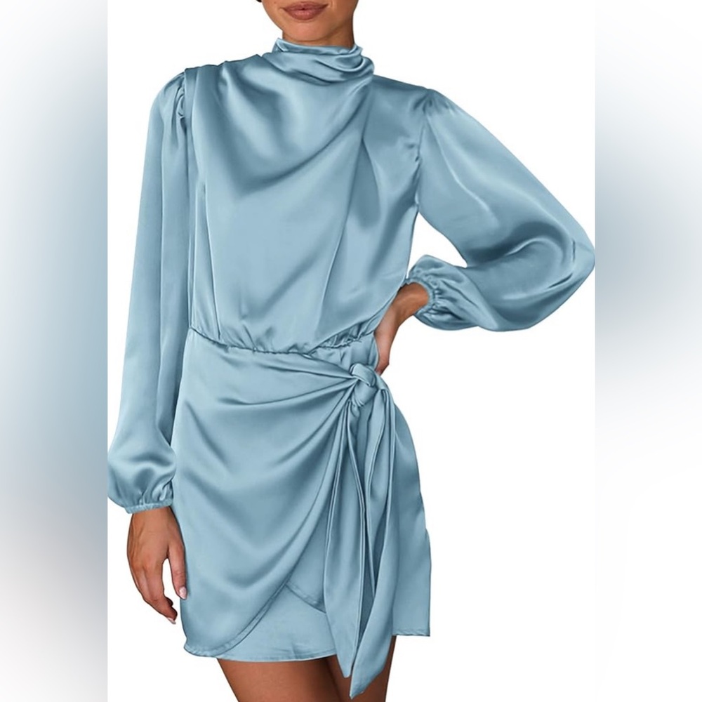 Long Sleeve Satin Dress Fall Mock Neck Ruched Tie Waist Silky Mini Dresses